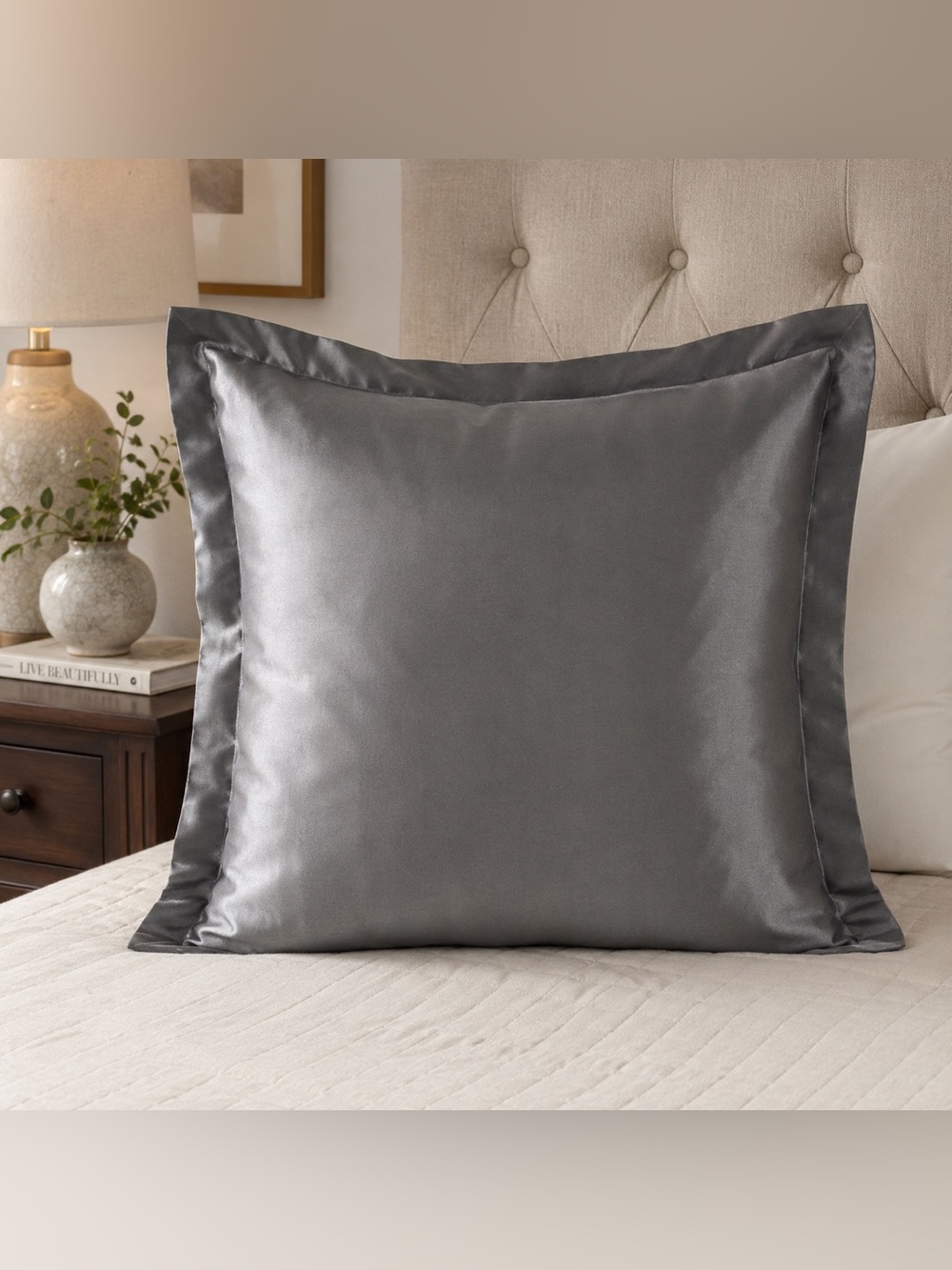 Two large shiny square gray pillow covers